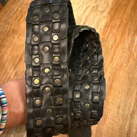 Black Leather Belt with Brass Buckle &Rivets all around